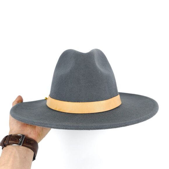A LACK OF COLOR Rocco Wool Fedora Western Cowgirl Boho Hat Gray Tan Leather 57cm - Picture 7 of 11